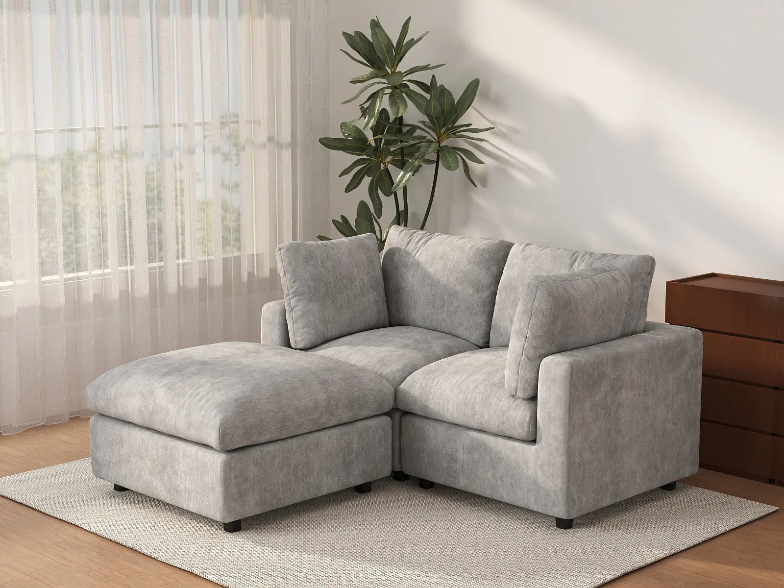 Sofá esquinero reclinable Deluxe Cloud de 2 plazas, gris claro | 3 piezas (incluye 1 otomana), tejido de chenilla de lino, fundas de cojín lavables