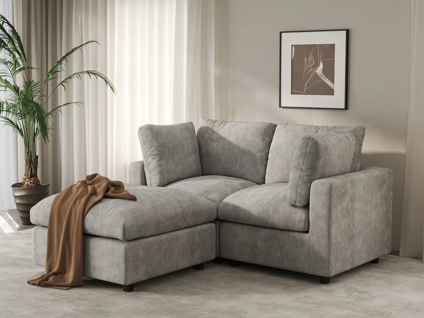 Sofá esquinero reclinable Deluxe Cloud de 2 plazas, gris claro | 3 piezas (incluye 1 otomana), tejido de chenilla de lino, fundas de cojín lavables