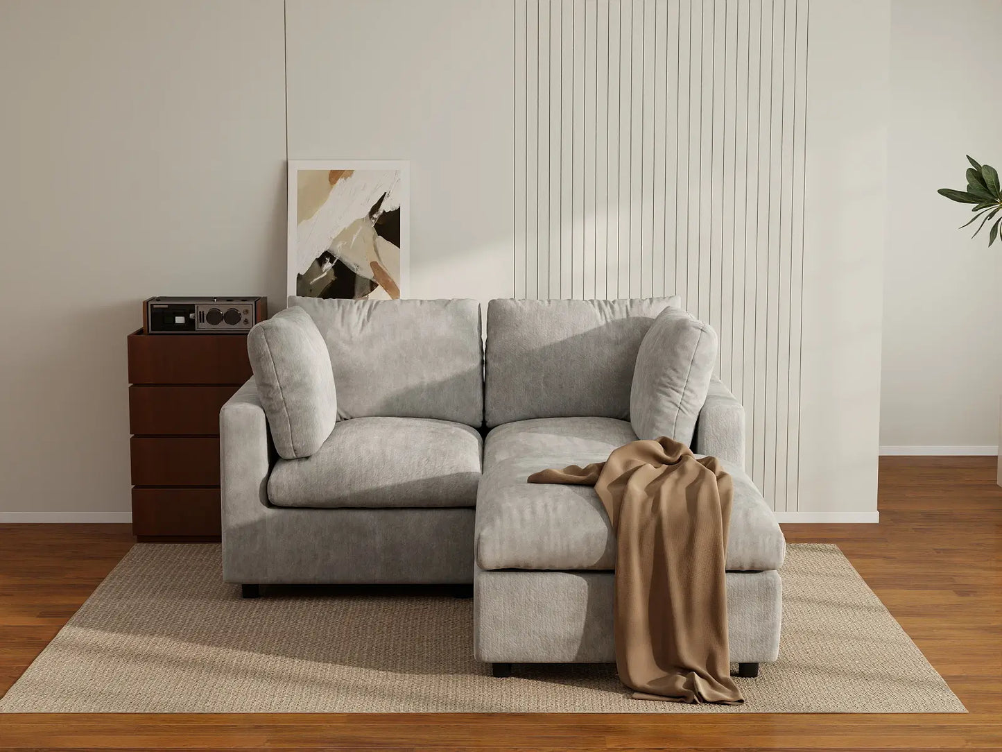 Sofá esquinero reclinable Deluxe Cloud de 2 plazas, gris claro | 3 piezas (incluye 1 otomana), tejido de chenilla de lino, fundas de cojín lavables