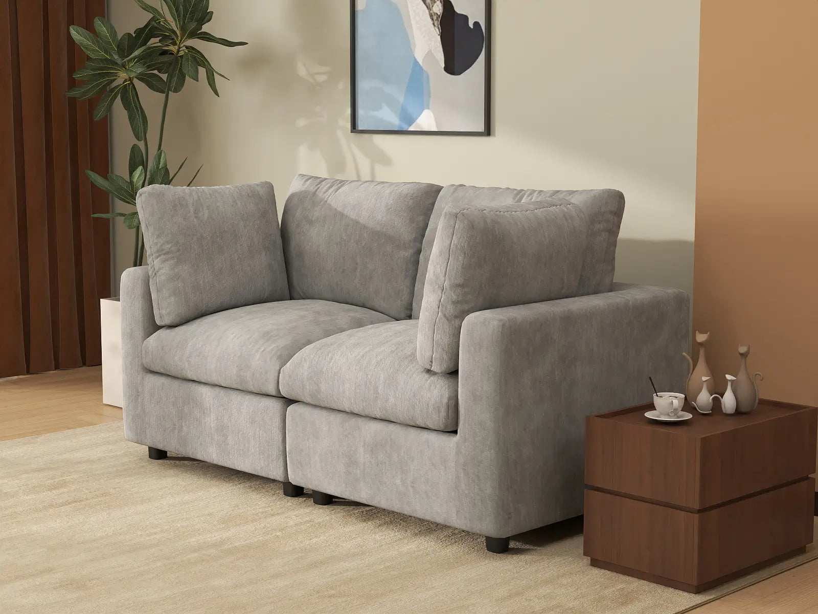 Fundas de sofá seccional Lounge Cloud | Funda de sofá biplaza de lino y chenilla gris claro