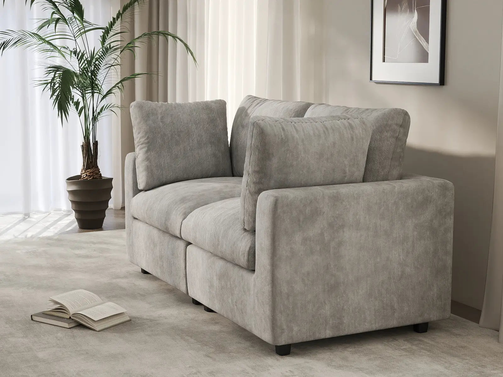 Sofá biplaza Deluxe Cloud gris claro | 2 piezas, tela de chenilla de mezcla de lino, fundas de cojín lavables