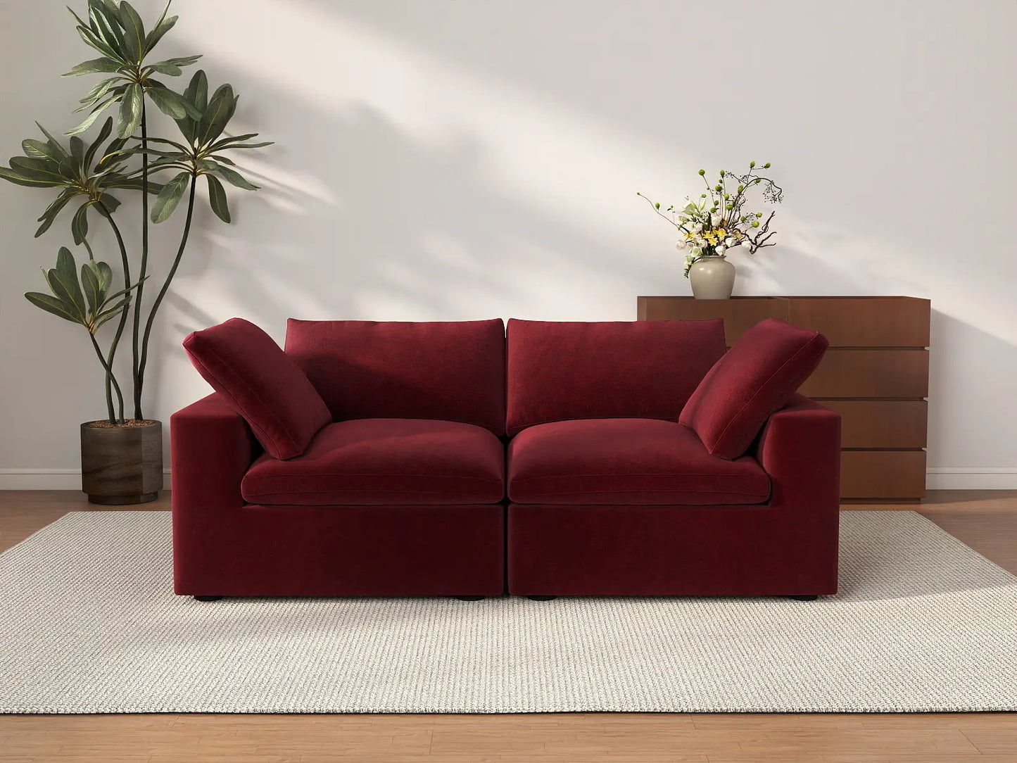 Deluxe Cloud 2-Seater Loveseat in Claret Velvet | 2-Piece, Small Space Seating, Easy To Clean, Modern Style