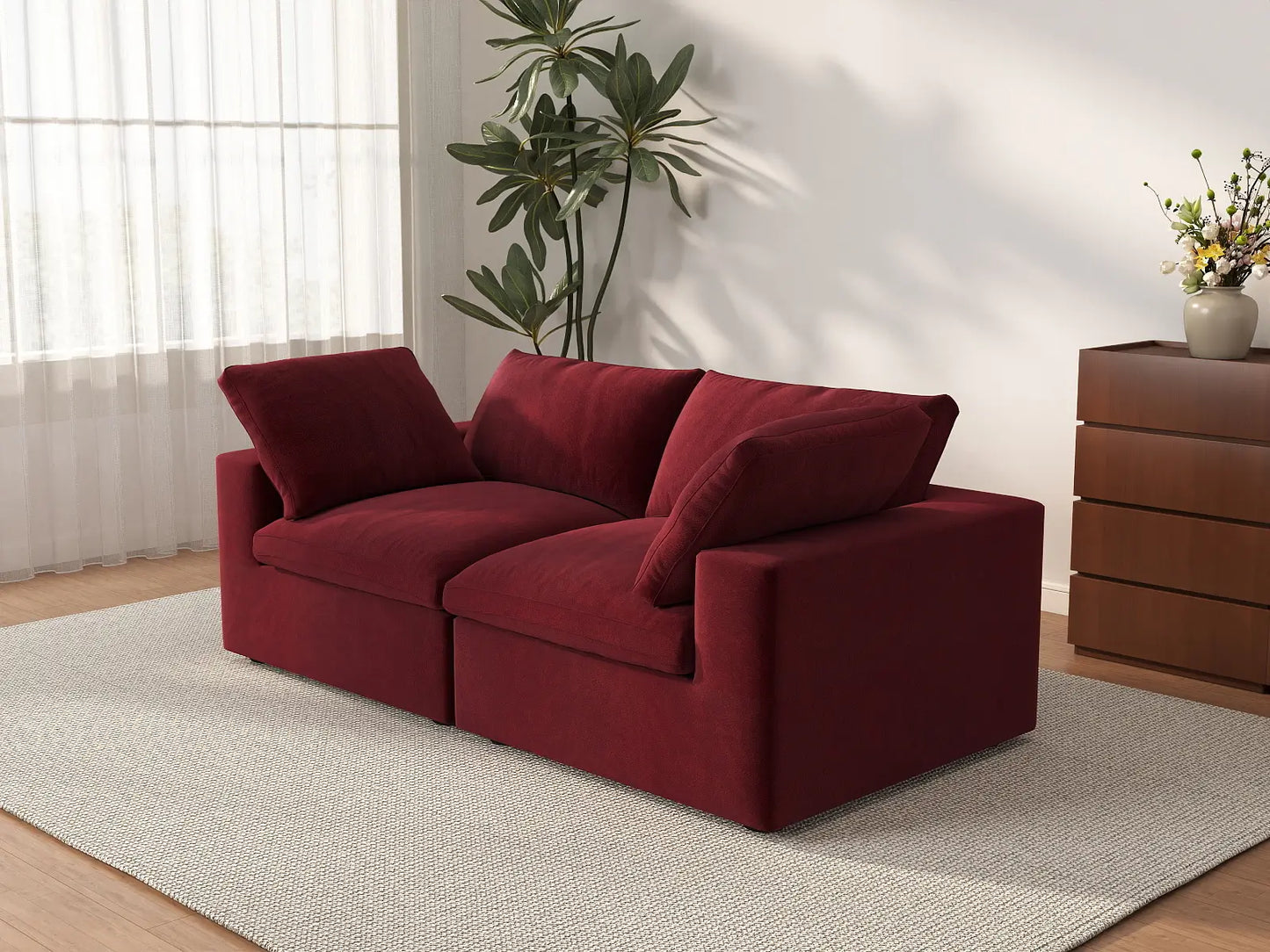 Deluxe Cloud 2-Seater Loveseat in Claret Velvet | 2-Piece, Small Space Seating, Easy To Clean, Modern Style