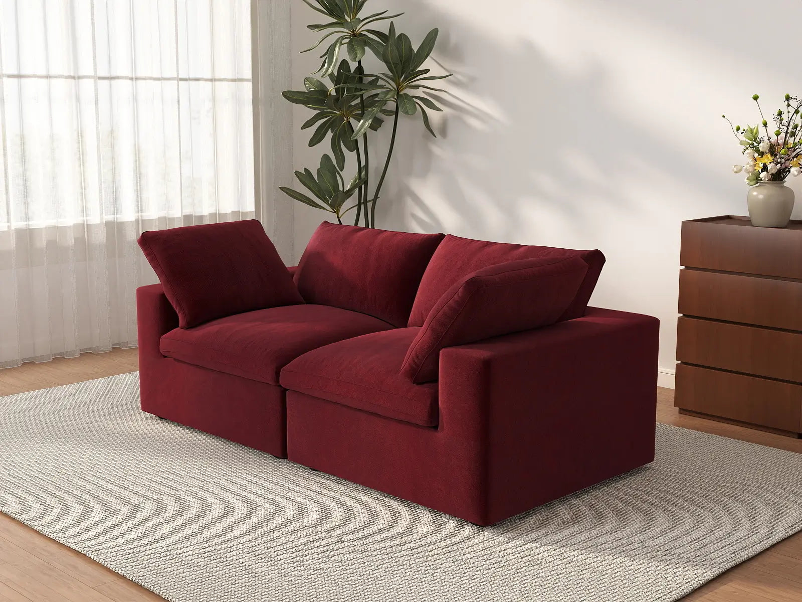 Deluxe Cloud 2-Seater Loveseat in Claret Velvet | 2-Piece, Small Space Seating, Easy To Clean, Modern Style