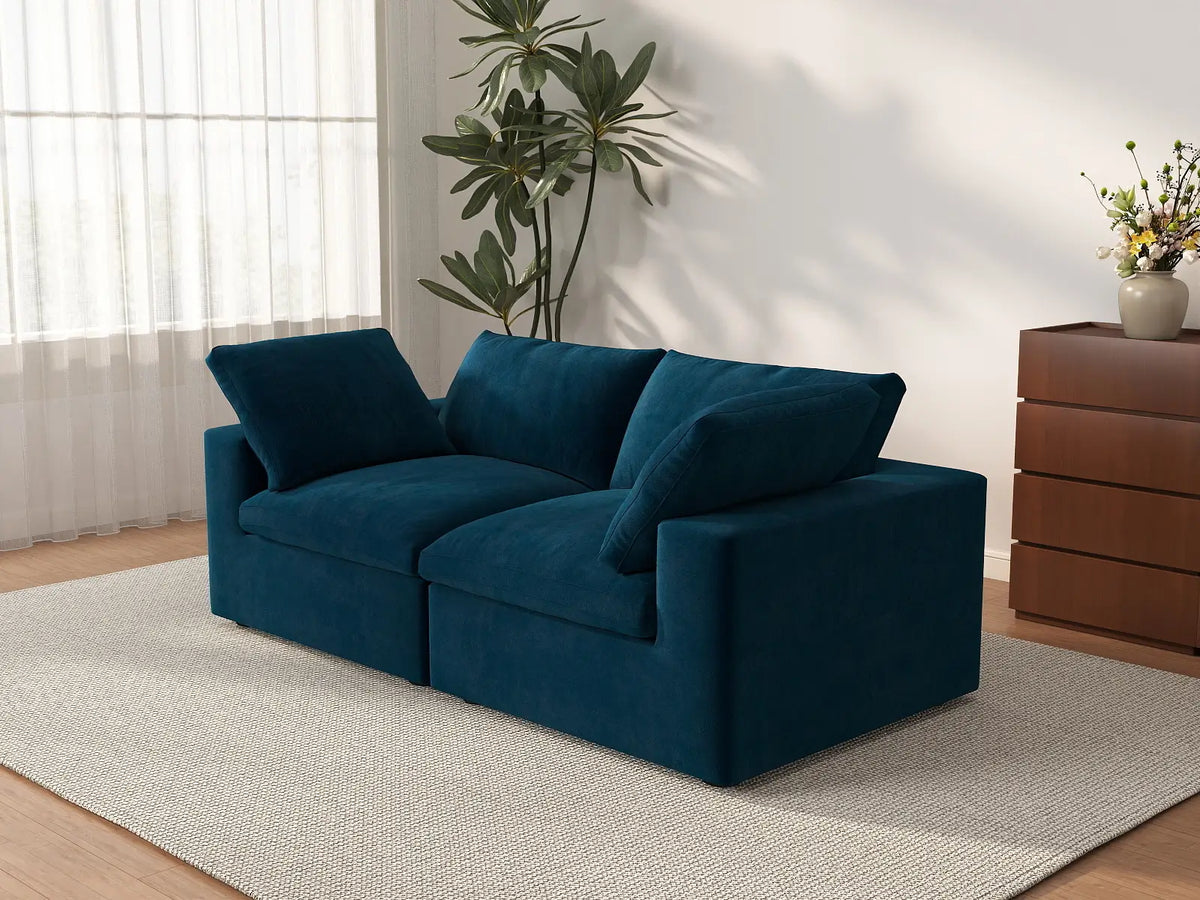 Deluxe Cloud 2-Seater Loveseat in Dark Blue Velvet | 2-Piece, Small Space Seating, Easy To Clean, Modular Design