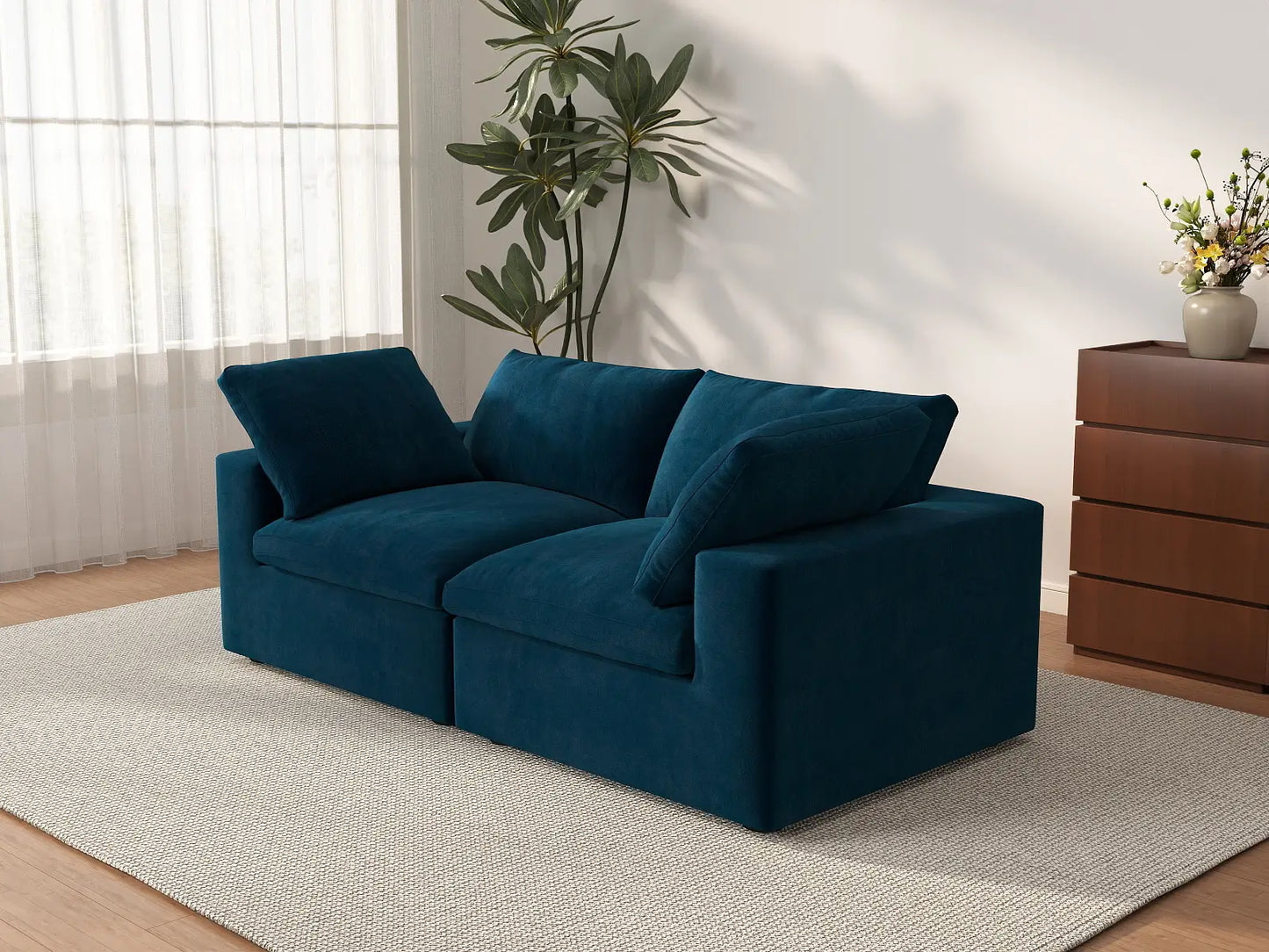 Deluxe Cloud 2-Seater Loveseat in Dark Blue Velvet | 2-Piece, Small Space Seating, Easy To Clean, Modular Design