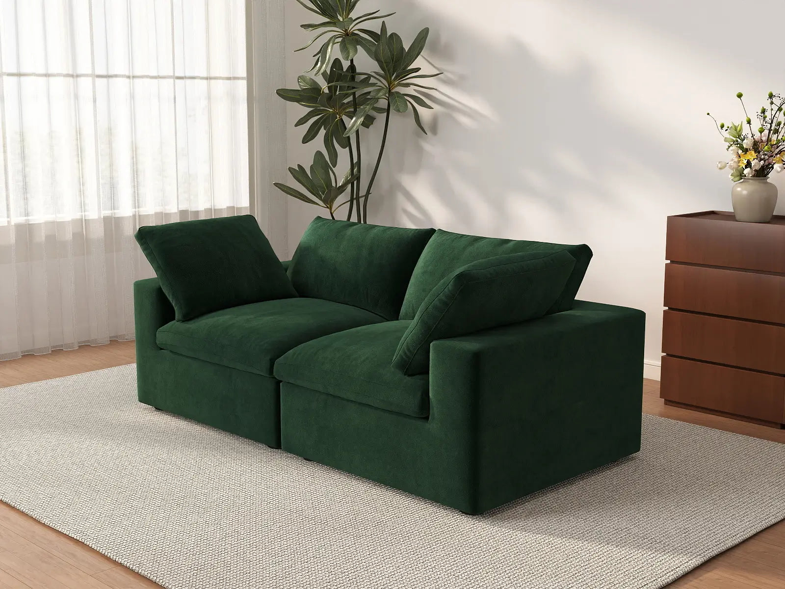Deluxe Cloud 2-Seater Olive Green Loveseat | 2-Piece, Velvet Fabric, Small Space Seating, Washable Cushion Covers
