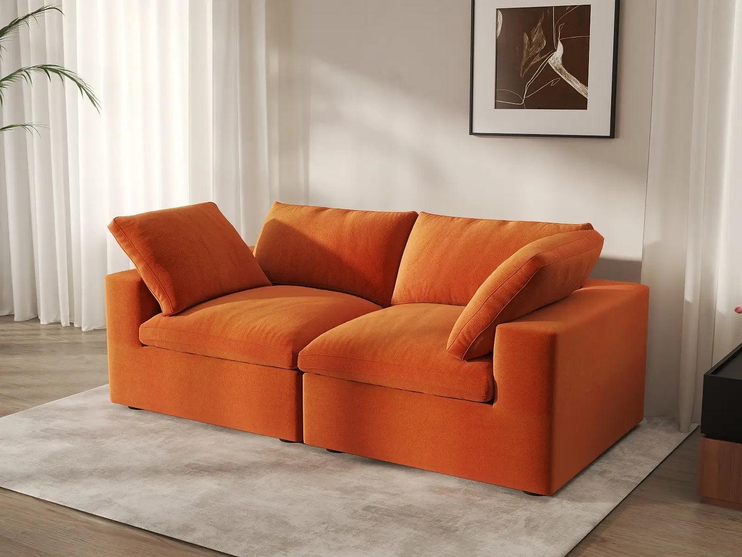 Deluxe Cloud 2-Seater Orange Loveseat | 2-Piece, Velvet Fabric, Small Space Seating, Washable Cushion Covers