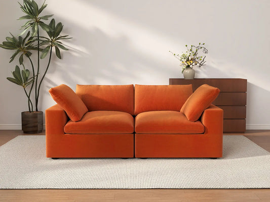Deluxe Cloud 2-Seater Orange Loveseat | 2-Piece, Velvet Fabric, Small Space Seating, Washable Cushion Covers
