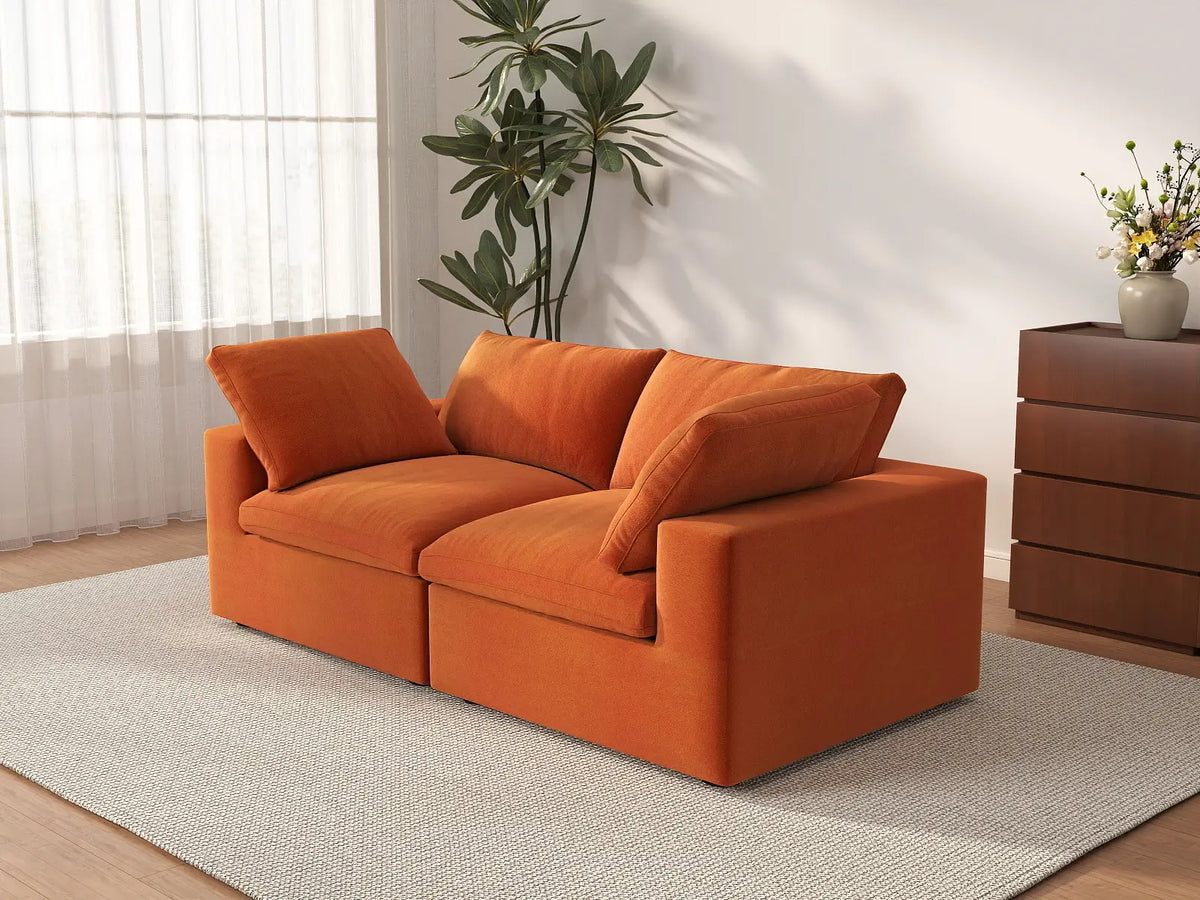 Deluxe Cloud 2-Seater Orange Loveseat | 2-Piece, Velvet Fabric, Small Space Seating, Washable Cushion Covers