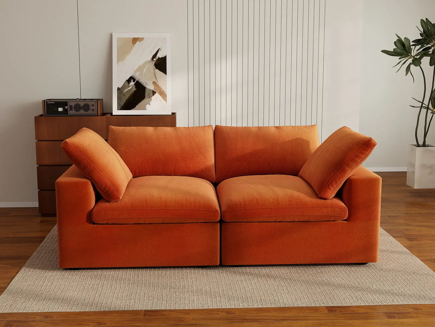 Deluxe Cloud 2-Seater Orange Loveseat | 2-Piece, Velvet Fabric, Small Space Seating, Washable Cushion Covers