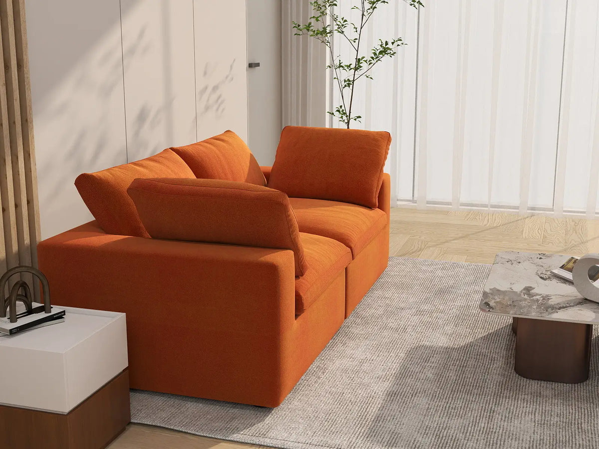 Deluxe Cloud 2-Seater Orange Loveseat | 2-Piece, Velvet Fabric, Small Space Seating, Washable Cushion Covers