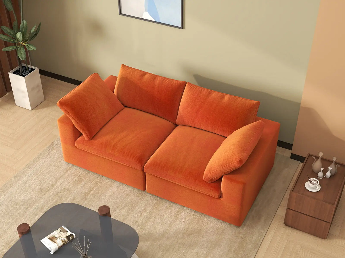 Deluxe Cloud 2-Seater Orange Loveseat | 2-Piece, Velvet Fabric, Small Space Seating, Washable Cushion Covers