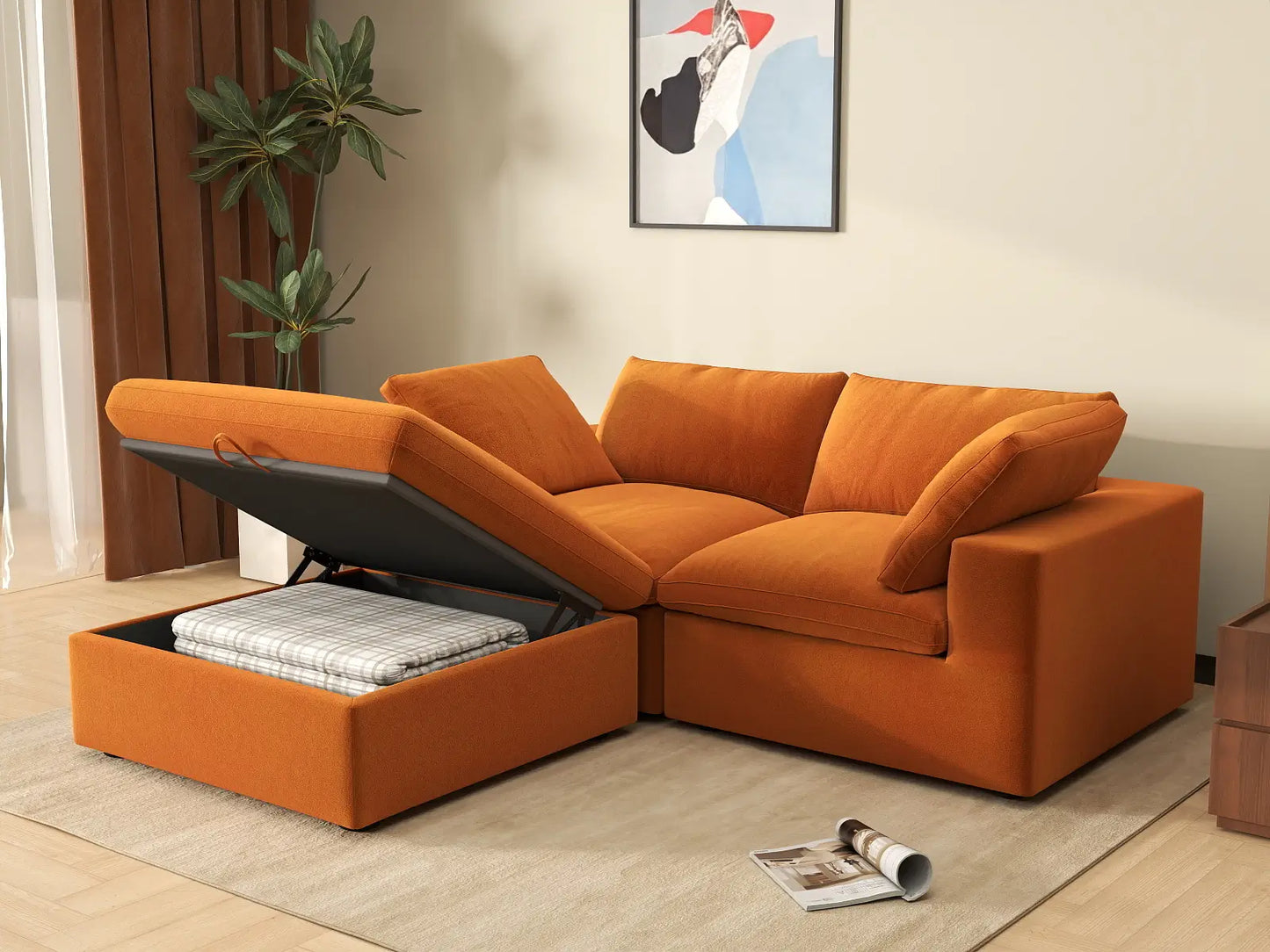 Deluxe Cloud 2-Seater Terracotta Chaise Sectional | 3-Piece (Includes 1 Ottoman), Velvet Fabric, Lounge Room Seating, Washable Cushion Covers