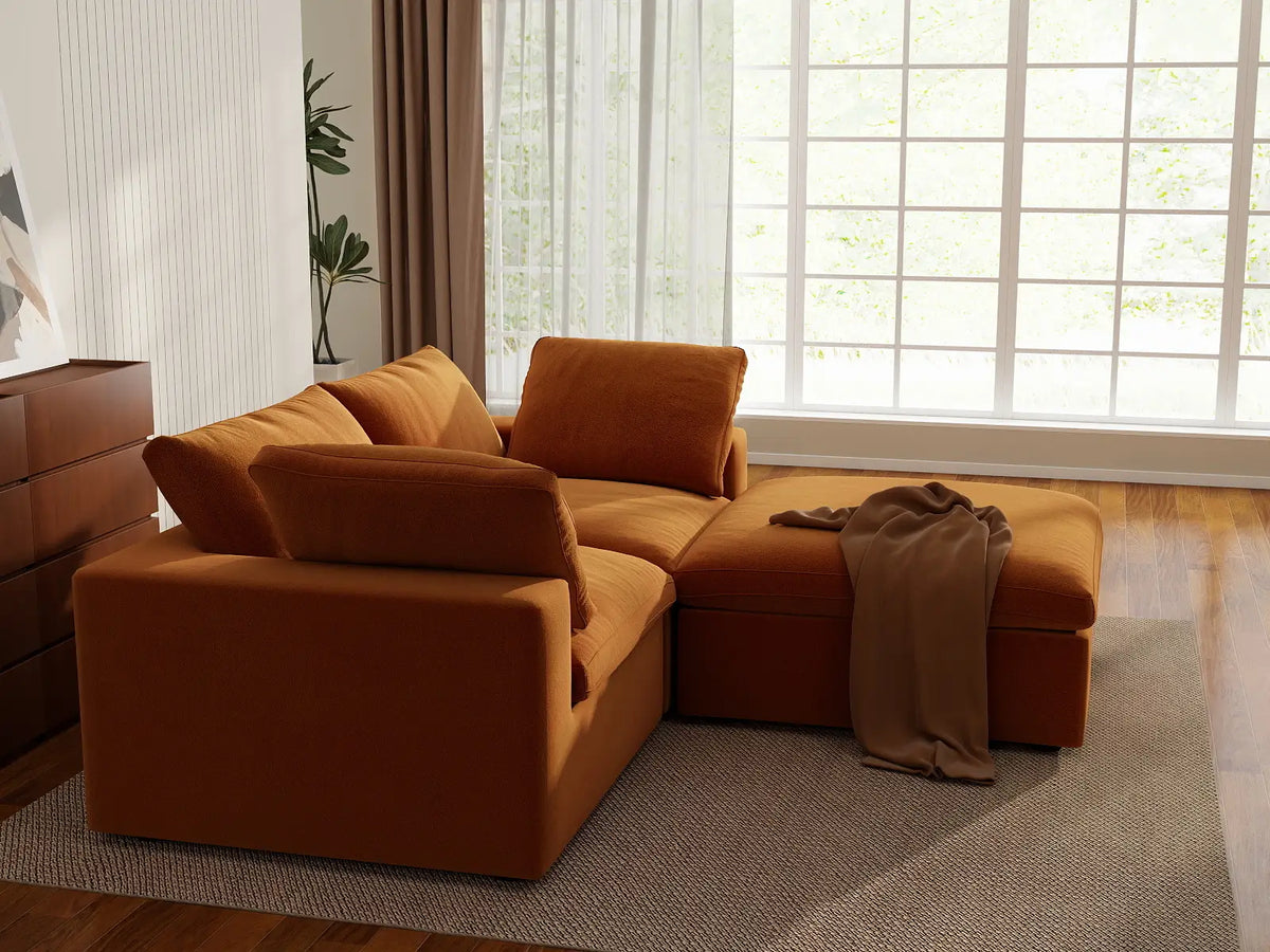 Deluxe Cloud 2-Seater Terracotta Chaise Sectional | 3-Piece (Includes 1 Ottoman), Velvet Fabric, Lounge Room Seating, Washable Cushion Covers