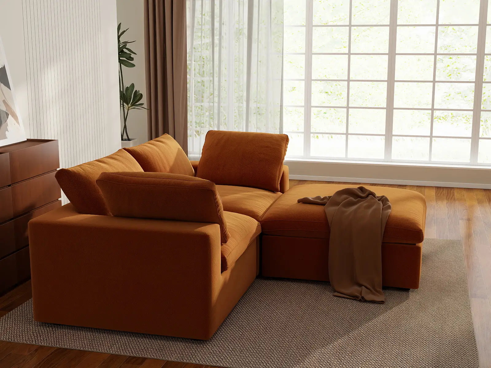 Deluxe Cloud 2-Seater Terracotta Chaise Sectional | 3-Piece (Includes 1 Ottoman), Velvet Fabric, Lounge Room Seating, Washable Cushion Covers