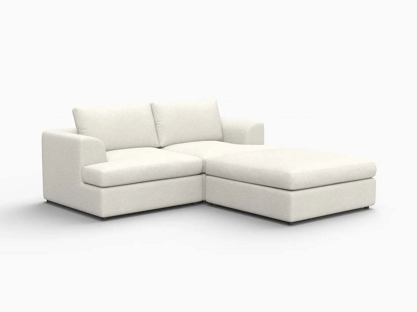 Deluxe Cloud 2-Seater White Small Space Chaise Sectional | 3-Piece (Includes 1 Ottoman), Bouclé Sherpa-Like Fabric, Easy To Clean