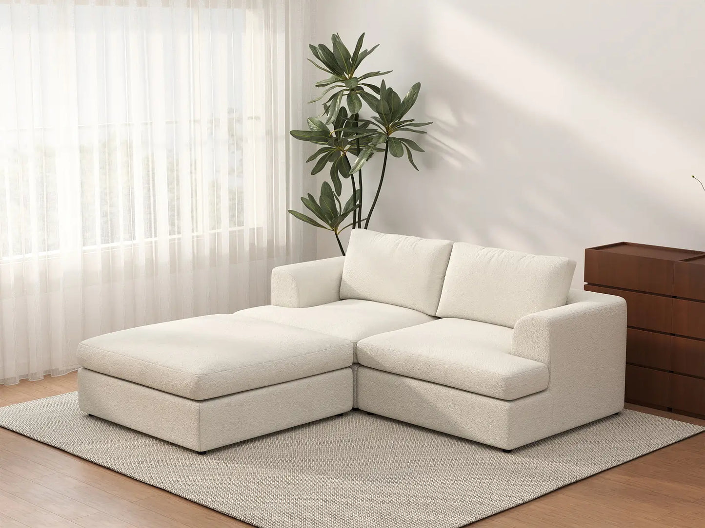 Deluxe Cloud 2-Seater White Small Space Chaise Sectional | 3-Piece (Includes 1 Ottoman), Bouclé Sherpa-Like Fabric, Easy To Clean