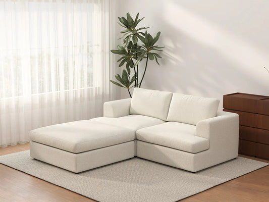 Sofá Seccional Chaise Deluxe Cloud de 2 Plazas Blanco para Espacios Pequeños | 3 Piezas (Incluye 1 Otomana), Tela Tipo Sherpa Bouclé, Fácil de Limpiar