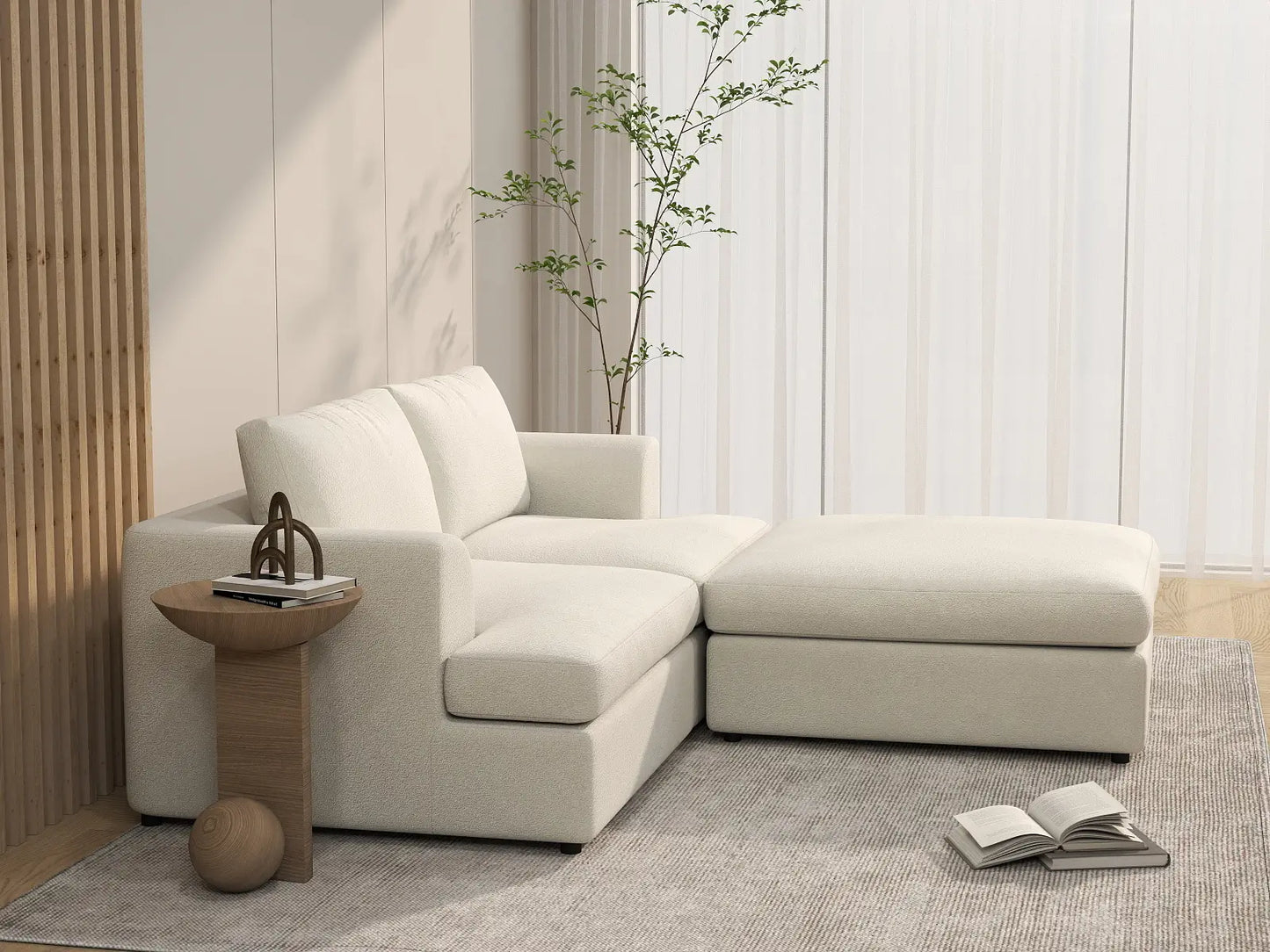 Deluxe Cloud 2-Seater White Small Space Chaise Sectional | 3-Piece (Includes 1 Ottoman), Bouclé Sherpa-Like Fabric, Easy To Clean