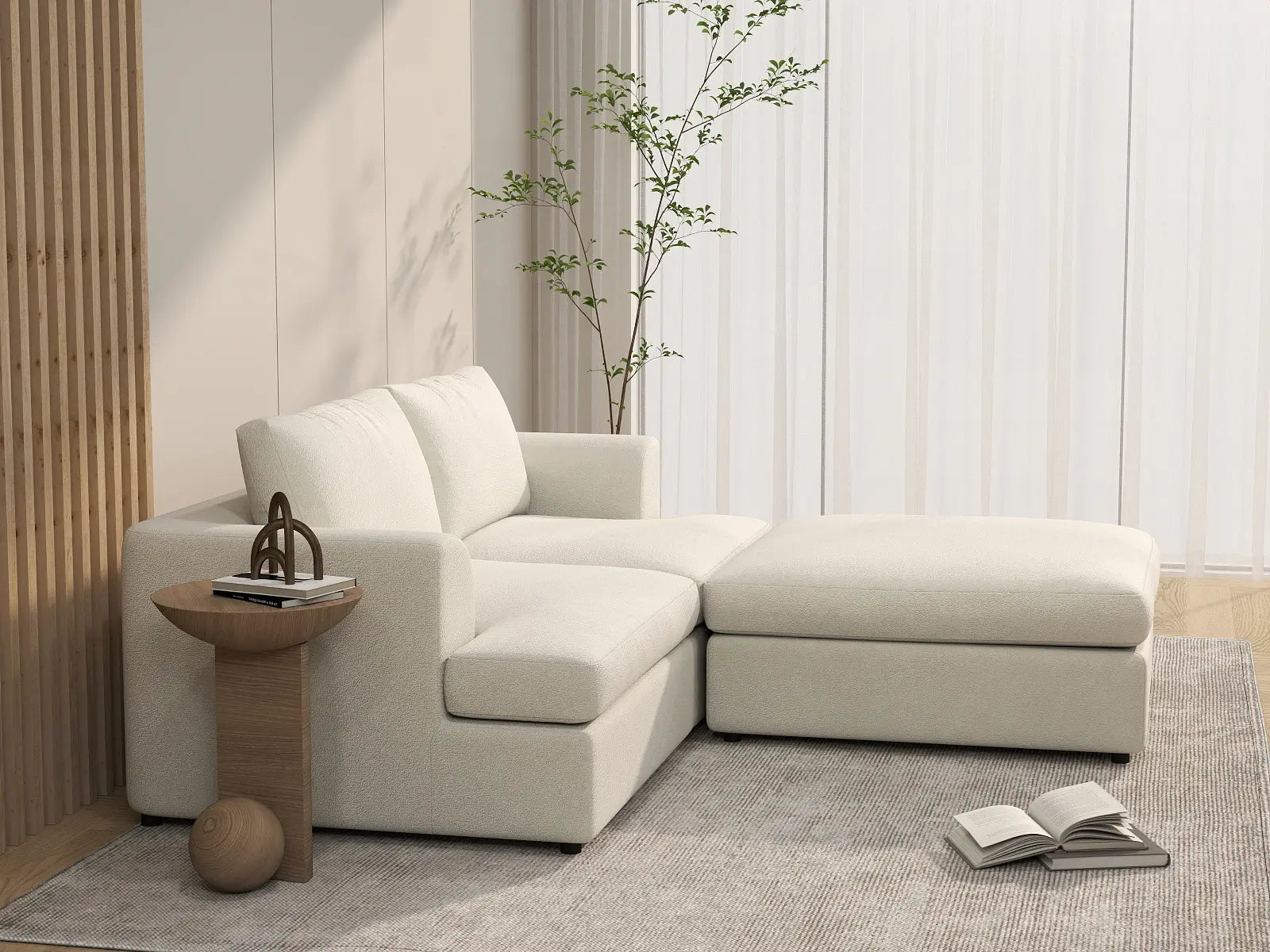 Deluxe Cloud 2-Seater White Small Space Chaise Sectional | 3-Piece (Includes 1 Ottoman), Bouclé Sherpa-Like Fabric, Easy To Clean