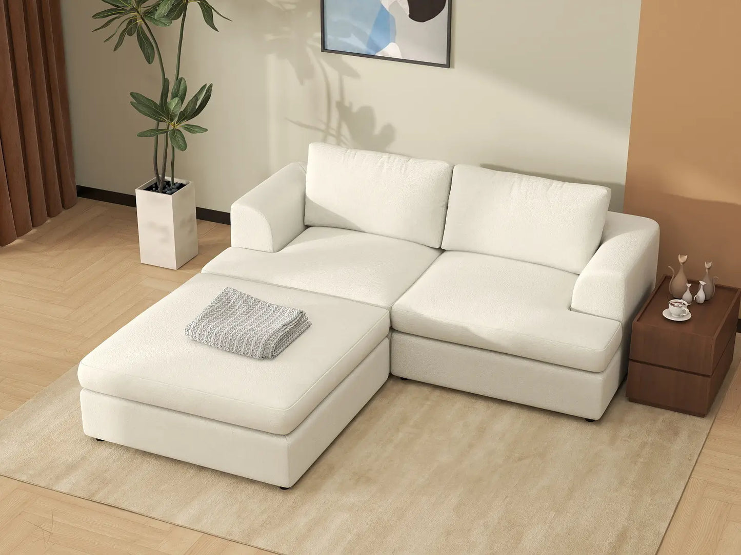 Deluxe Cloud 2-Seater White Small Space Chaise Sectional | 3-Piece (Includes 1 Ottoman), Bouclé Sherpa-Like Fabric, Easy To Clean