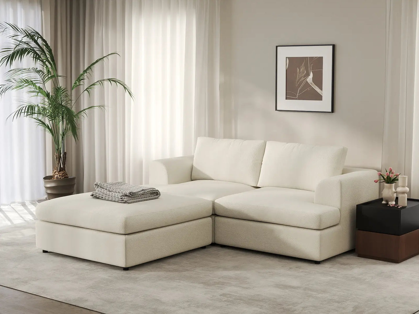 Deluxe Cloud 2-Seater White Small Space Chaise Sectional | 3-Piece (Includes 1 Ottoman), Bouclé Sherpa-Like Fabric, Easy To Clean