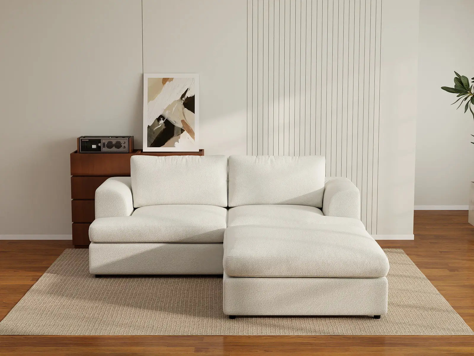 Deluxe Cloud 2-Seater White Small Space Chaise Sectional | 3-Piece (Includes 1 Ottoman), Bouclé Sherpa-Like Fabric, Easy To Clean