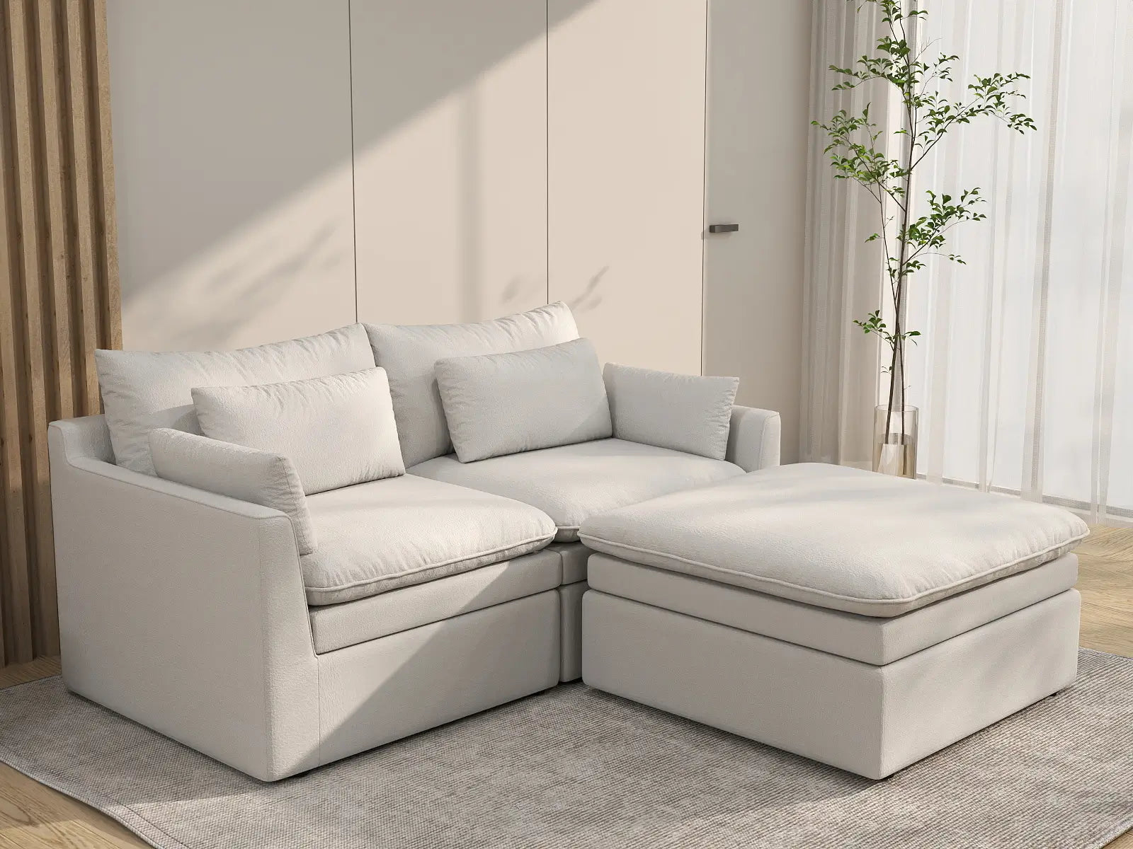 Seccional chaise de lujo en la nube de 2 plazas, blanco, para espacios pequeños | 3 piezas (incluye 1 otomana), tela de poliéster con apariencia de lino, fácil de limpiar