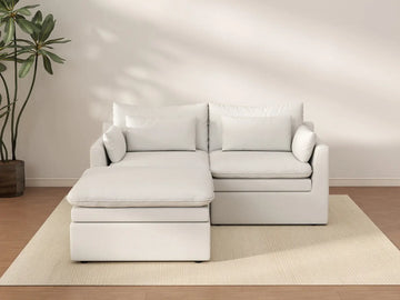 Deluxe Cloud 2-Seater White Small Space Chaise Sectional | 3-Piece (Includes 1 Ottoman), Linen Look Poly Fabric, Easy To Clean