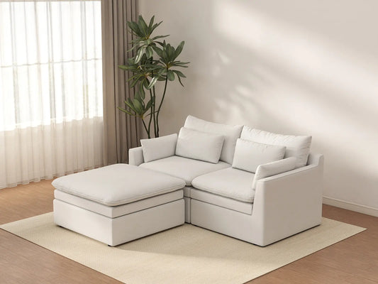 Deluxe Cloud 2-Seater White Small Space Chaise Sectional | 3-Piece (Includes 1 Ottoman), Linen Look Poly Fabric, Easy To Clean