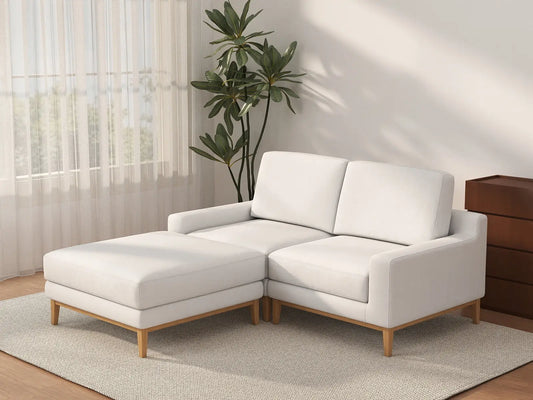 Deluxe Cloud 2-Seater White Small Space Chaise Sectional | 3-Piece (Includes 1 Ottoman), Linen Look Poly Fabric, Easy To Clean