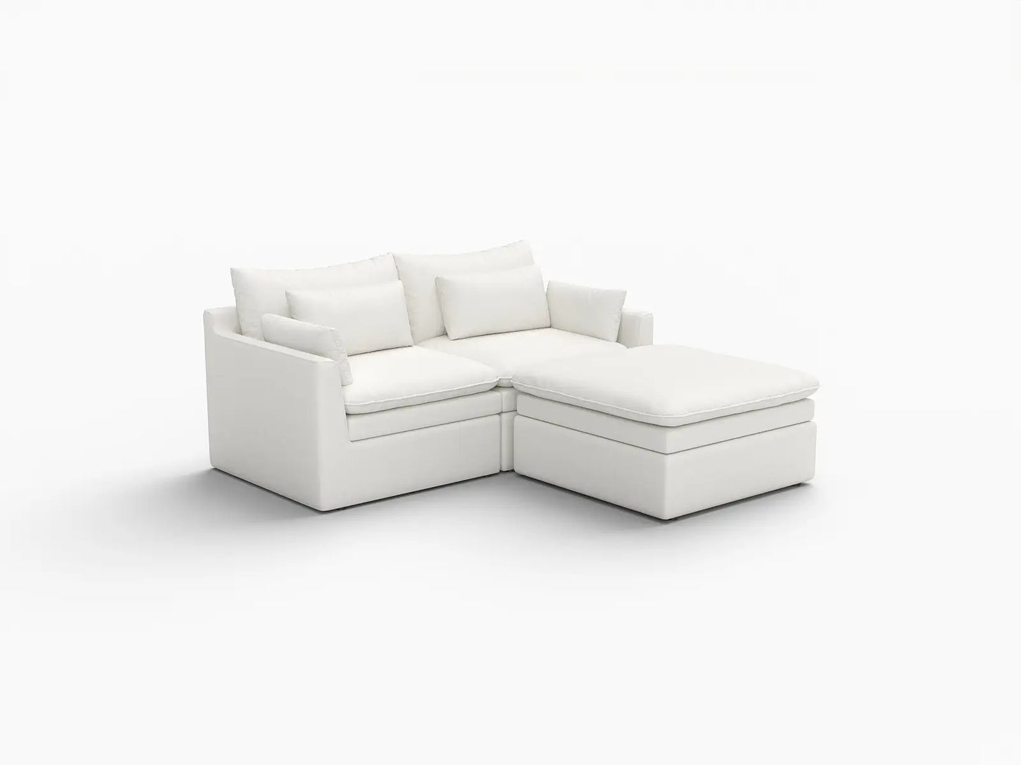 Seccional chaise de lujo en la nube de 2 plazas, blanco, para espacios pequeños | 3 piezas (incluye 1 otomana), tela de poliéster con apariencia de lino, fácil de limpiar