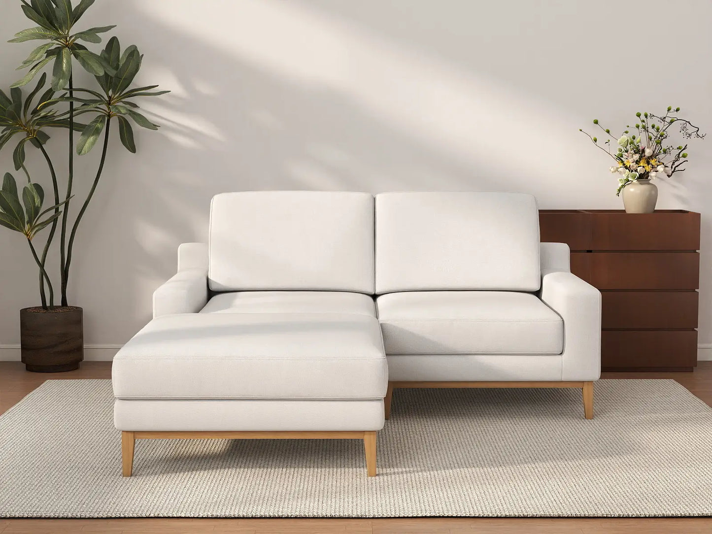 Deluxe Cloud 2-Seater White Small Space Chaise Sectional | 3-Piece (Includes 1 Ottoman), Linen Look Poly Fabric, Easy To Clean