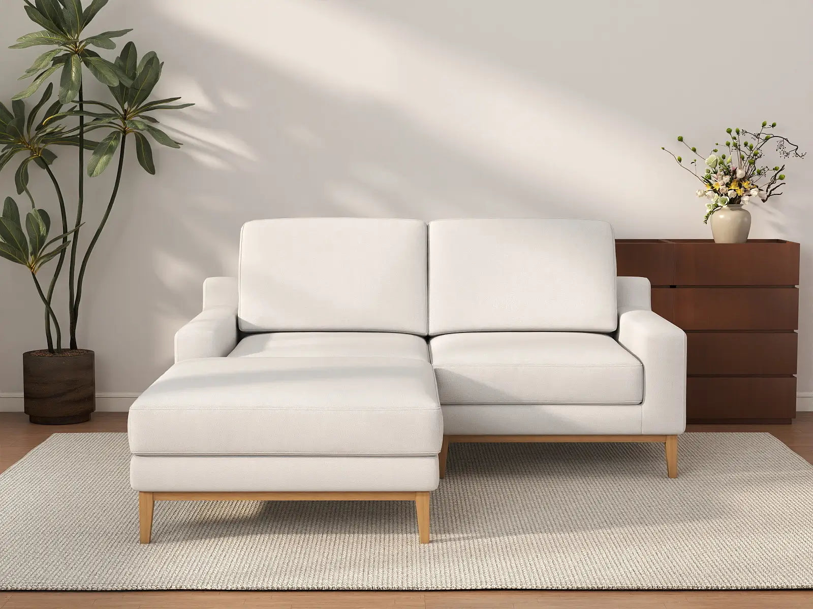 Deluxe Cloud 2-Seater White Small Space Chaise Sectional | 3-Piece (Includes 1 Ottoman), Linen Look Poly Fabric, Easy To Clean