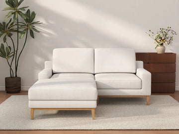 Deluxe Cloud 2-Seater White Small Space Chaise Sectional | 3-Piece (Includes 1 Ottoman), Linen Look Poly Fabric, Easy To Clean