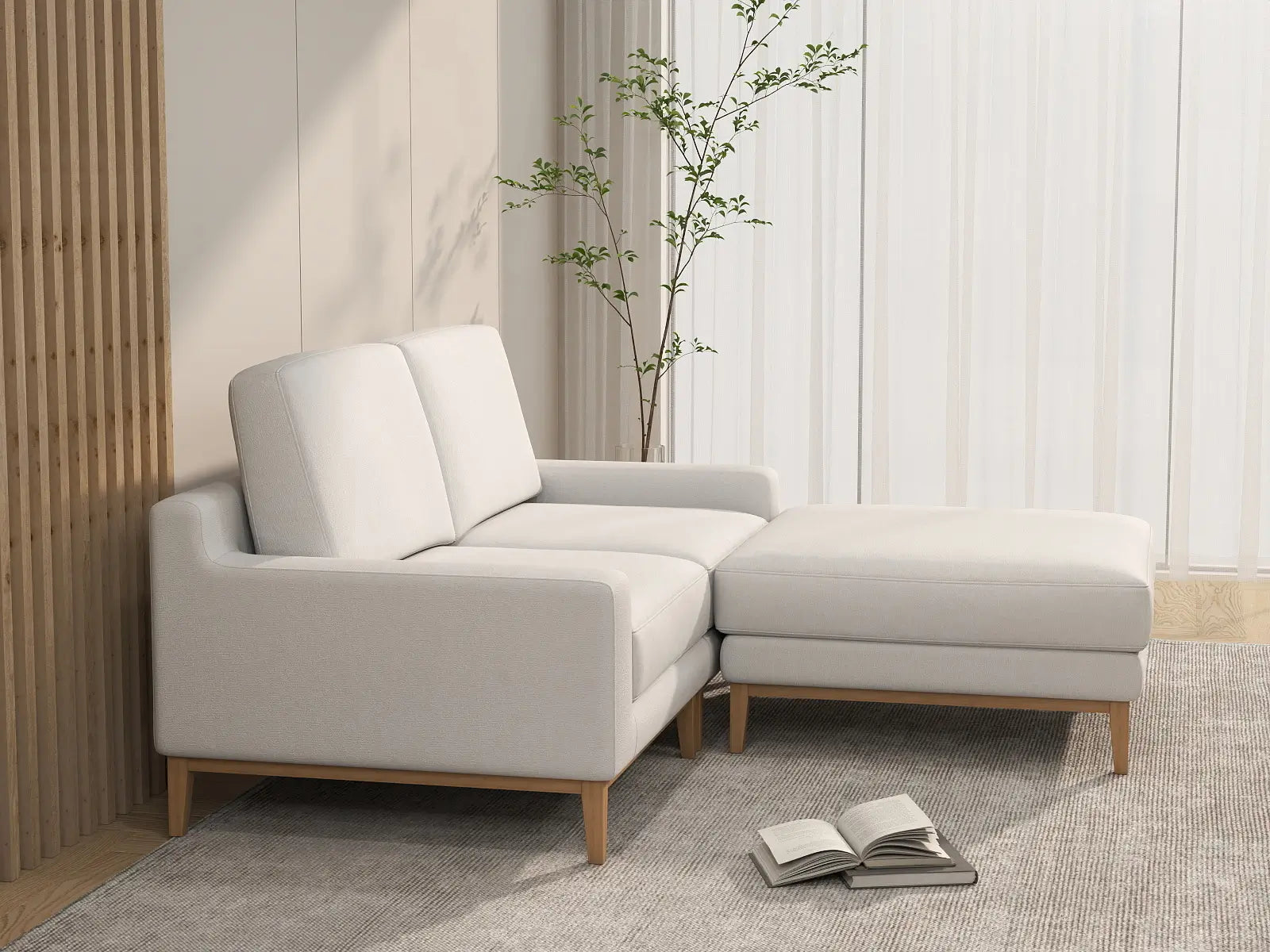 Deluxe Cloud 2-Seater White Small Space Chaise Sectional | 3-Piece (Includes 1 Ottoman), Linen Look Poly Fabric, Easy To Clean