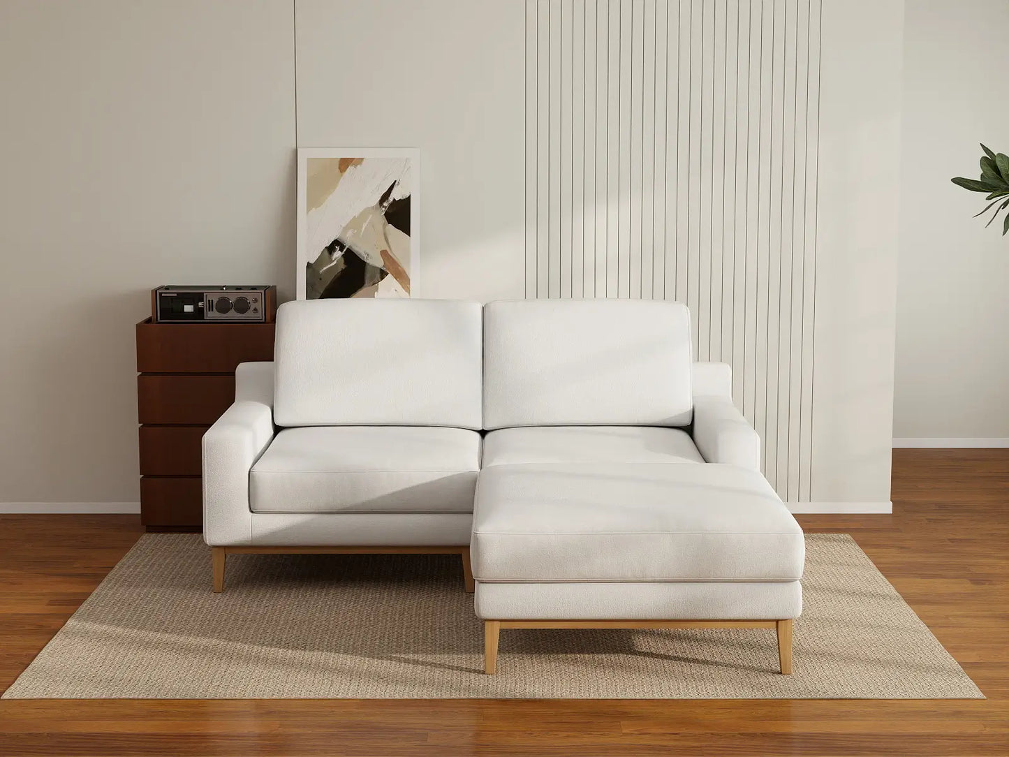 Deluxe Cloud 2-Seater White Small Space Chaise Sectional | 3-Piece (Includes 1 Ottoman), Linen Look Poly Fabric, Easy To Clean
