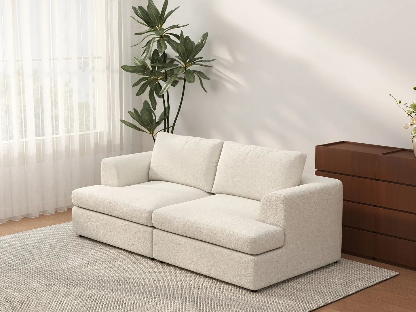 Deluxe Cloud 2-Seater White Small Space Loveseat | 2-Piece, Bouclé Sherpa-Like Fabric, Easy To Clean