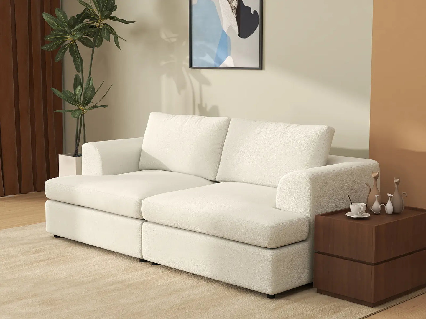 Deluxe Cloud 2-Seater White Small Space Loveseat | 2-Piece, Bouclé Sherpa-Like Fabric, Easy To Clean