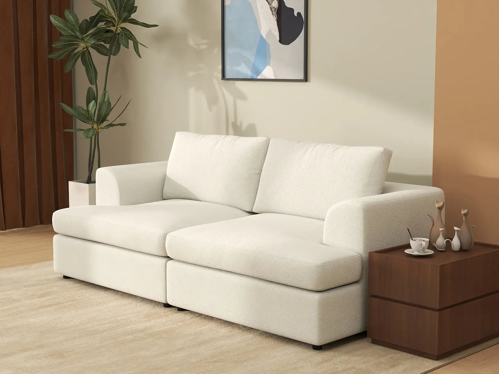 Deluxe Cloud 2-Seater White Small Space Loveseat | 2-Piece, Bouclé Sherpa-Like Fabric, Easy To Clean