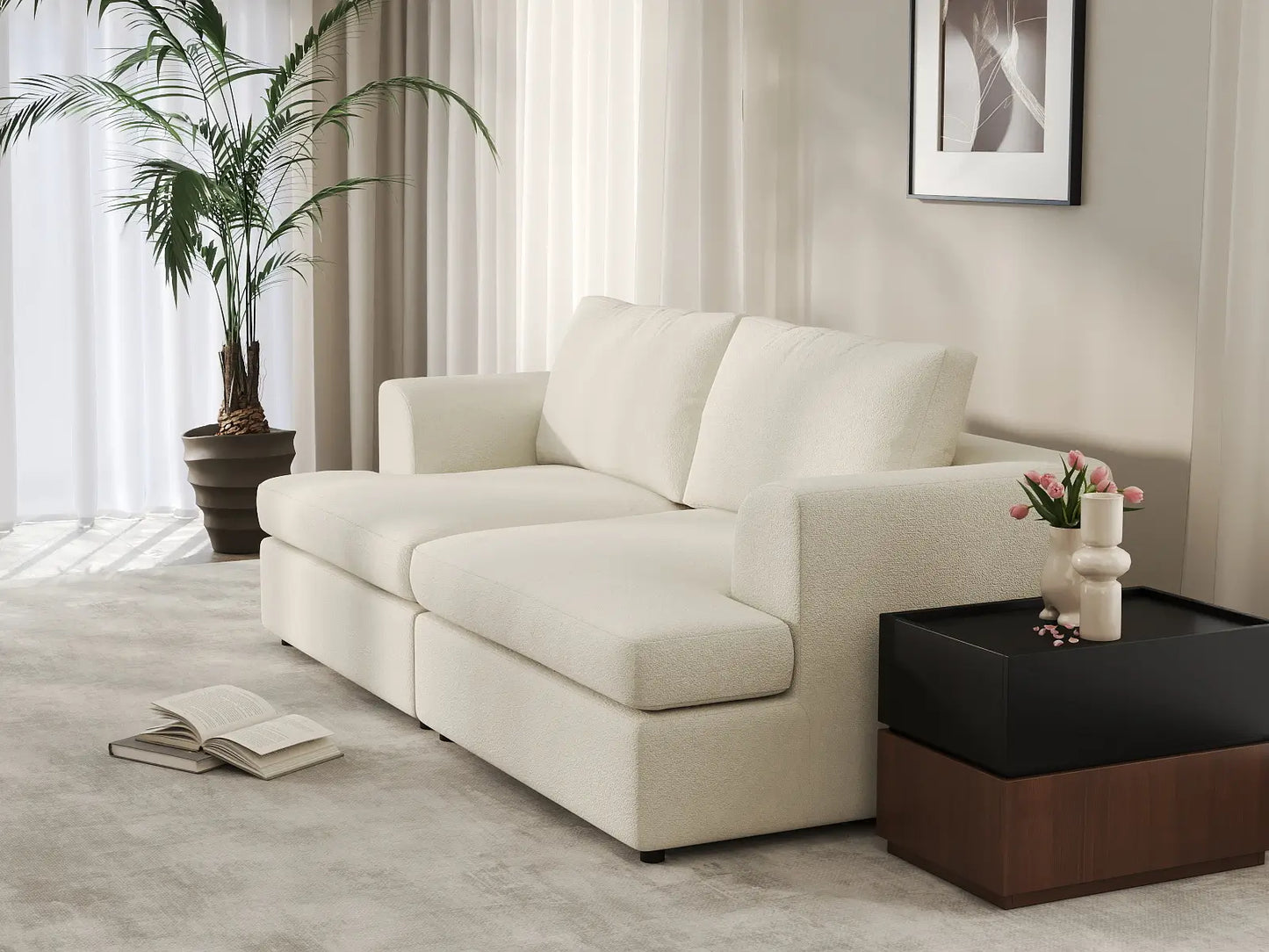 Deluxe Cloud 2-Seater White Small Space Loveseat | 2-Piece, Bouclé Sherpa-Like Fabric, Easy To Clean