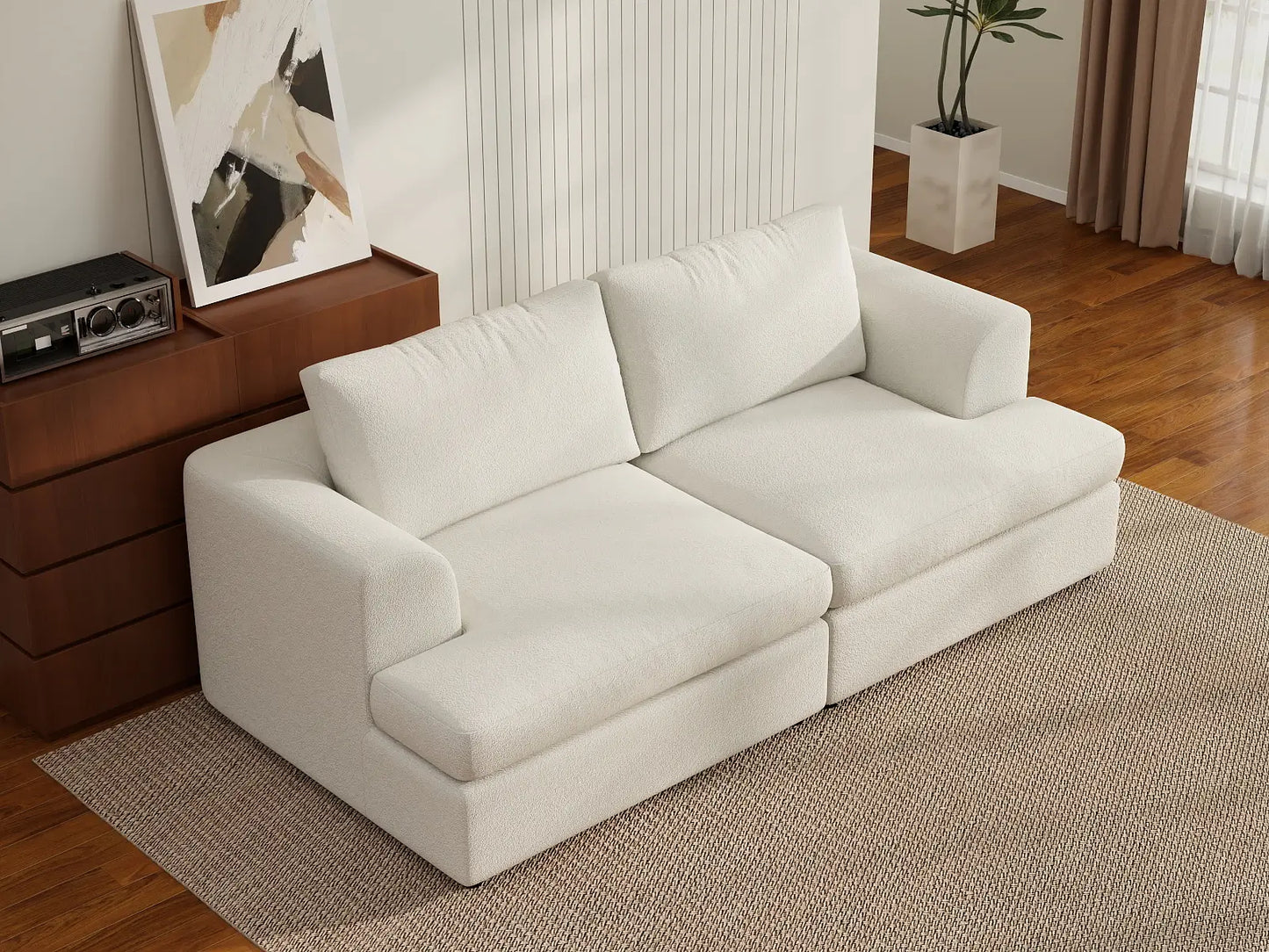 Deluxe Cloud 2-Seater White Small Space Loveseat | 2-Piece, Bouclé Sherpa-Like Fabric, Easy To Clean