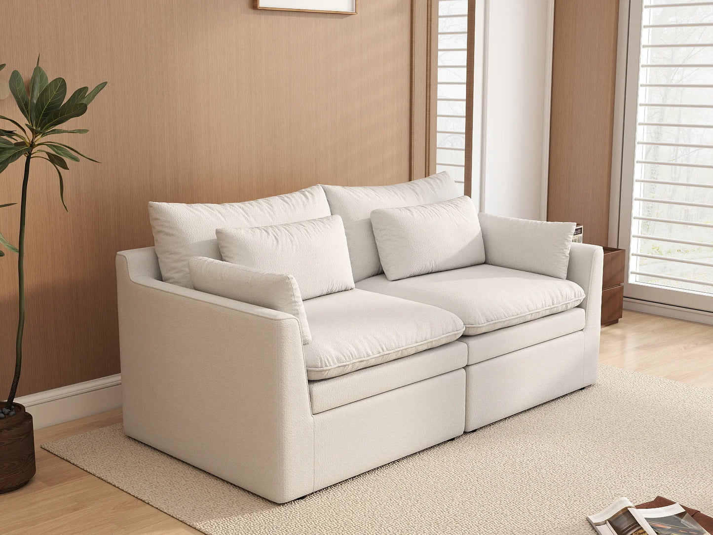 Deluxe Cloud 2-Seater White Small Space Loveseat | 2-Piece, Linen Look Poly Fabric, Easy To Clean