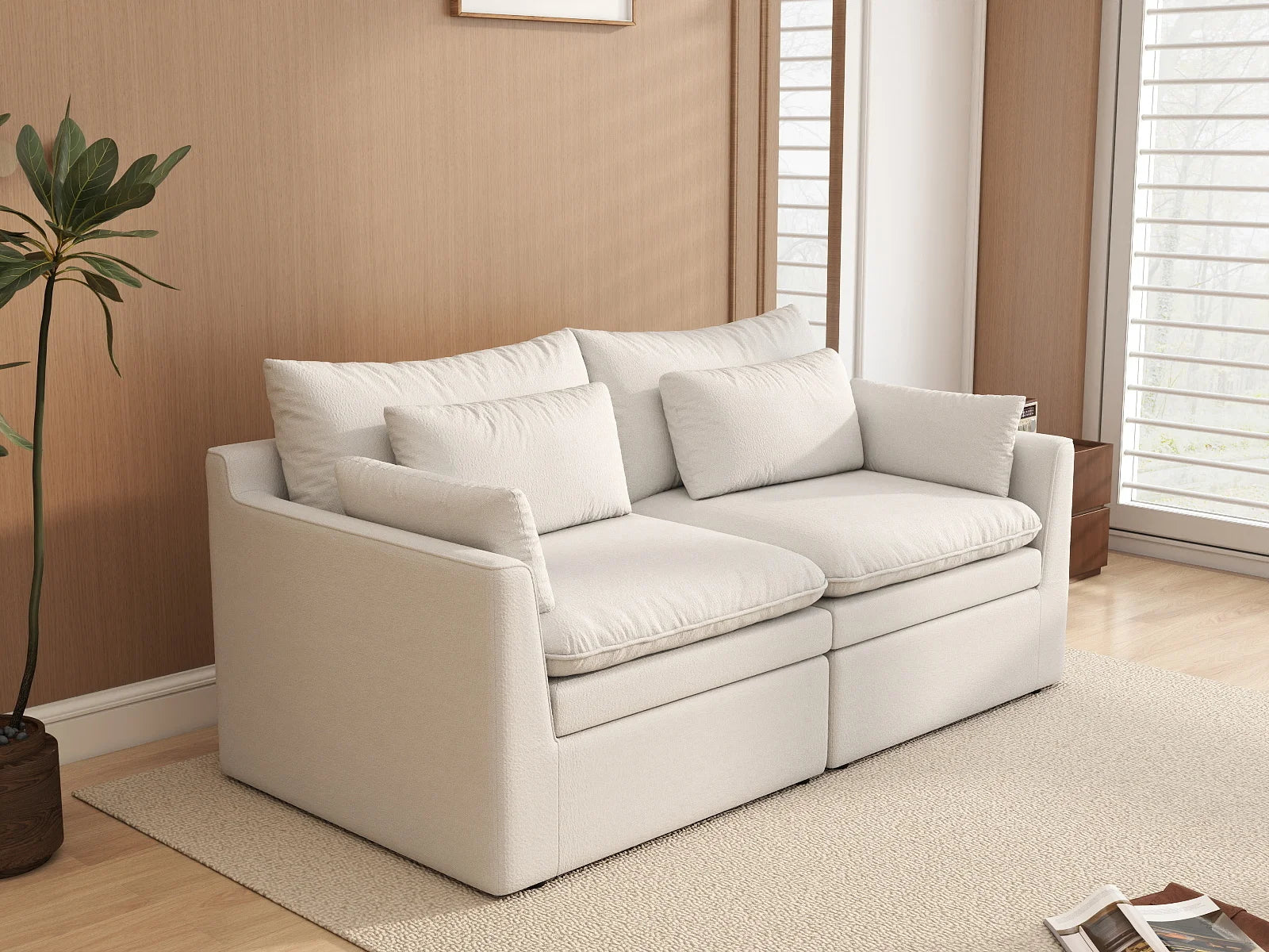 Deluxe Cloud 2-Seater White Small Space Loveseat | 2-Piece, Linen Look Poly Fabric, Easy To Clean