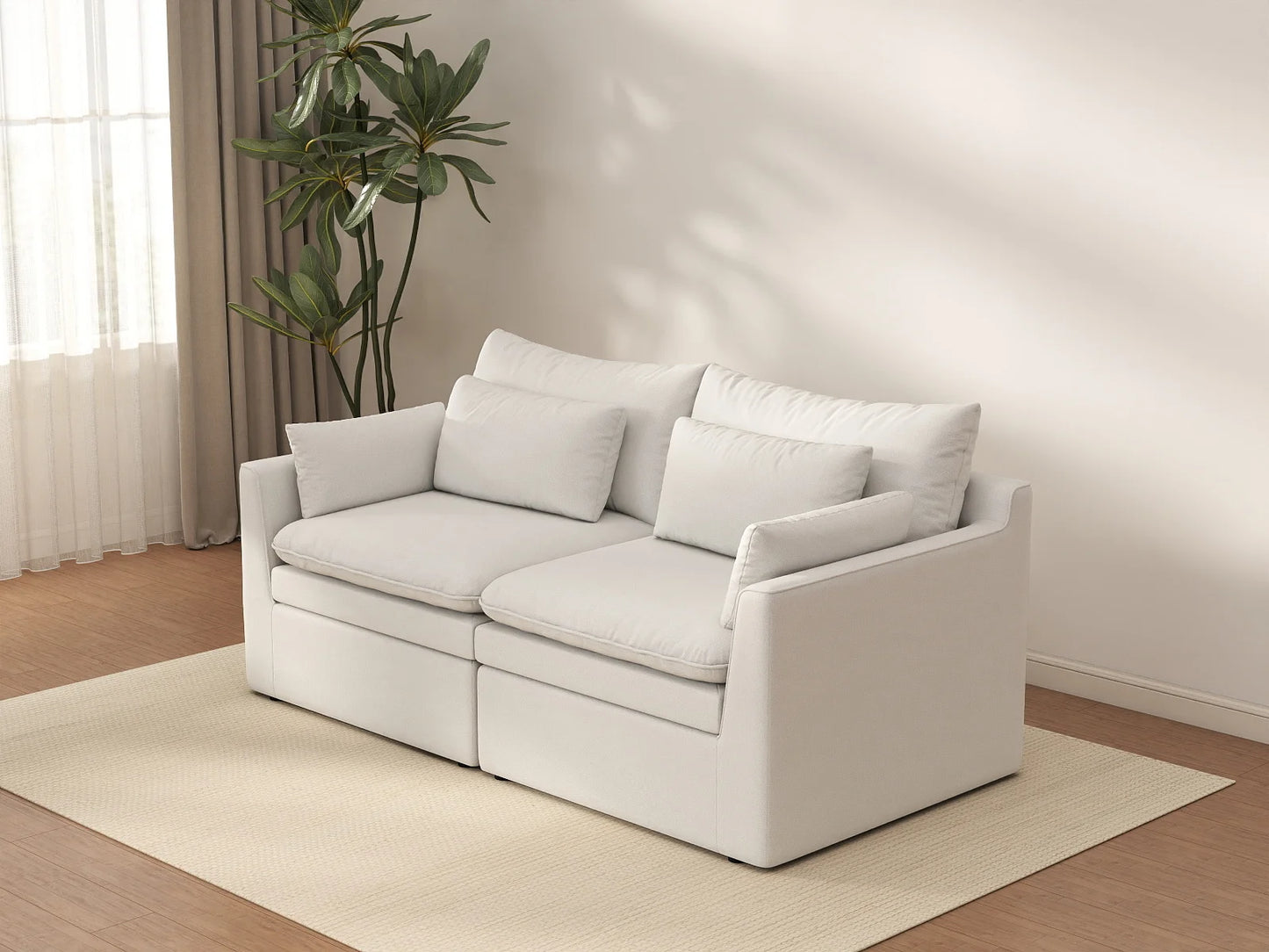Deluxe Cloud 2-Seater White Small Space Loveseat | 2-Piece, Linen Look Poly Fabric, Easy To Clean