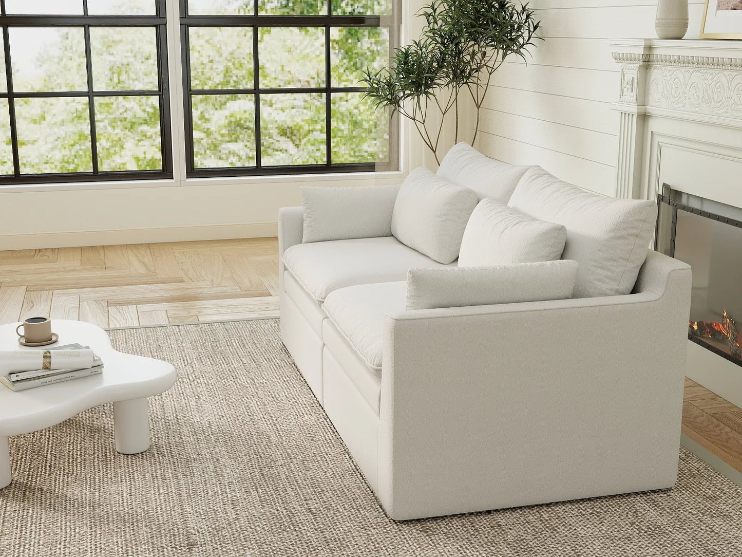 Deluxe Cloud 2-Seater White Small Space Loveseat | 2-Piece, Linen Look Poly Fabric, Easy To Clean