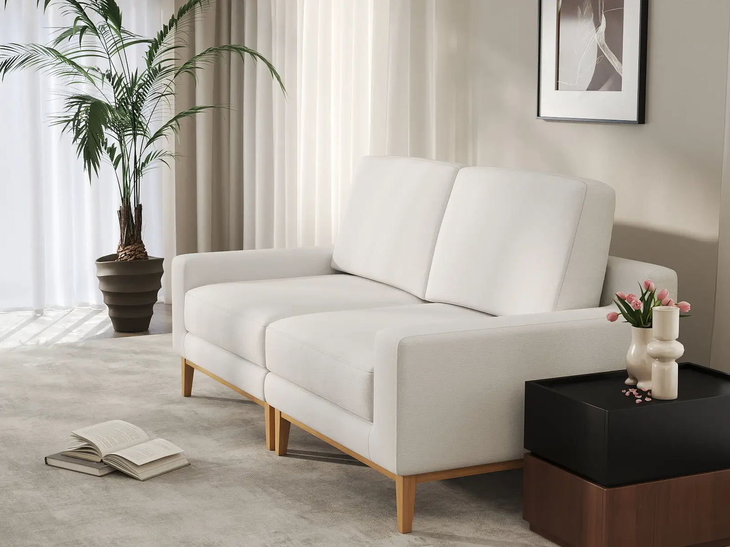Deluxe Cloud 2-Seater White Small Space Loveseat | 2-Piece, Linen Look Poly Fabric, Easy To Clean