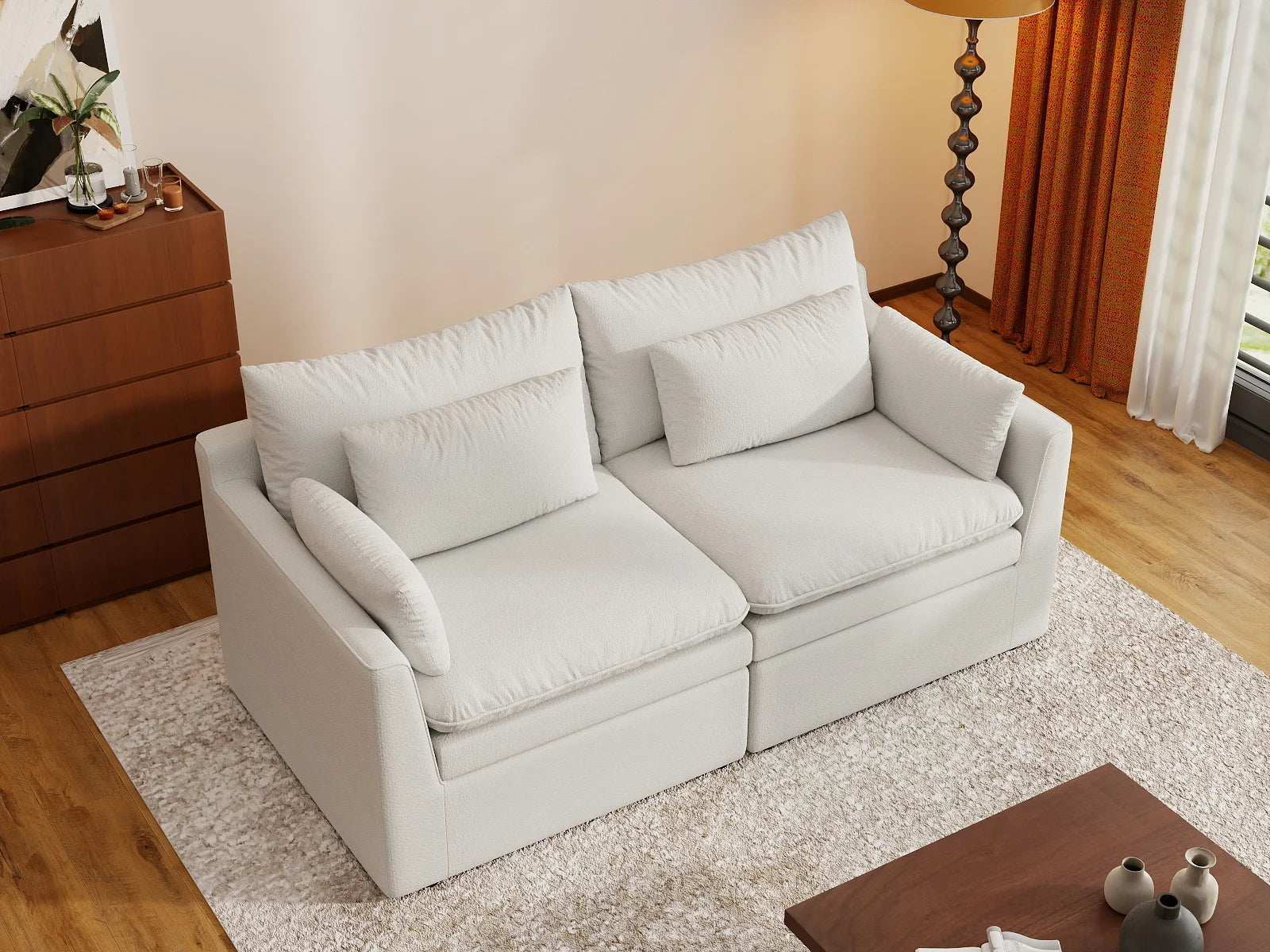 Deluxe Cloud 2-Seater White Small Space Loveseat | 2-Piece, Linen Look Poly Fabric, Easy To Clean