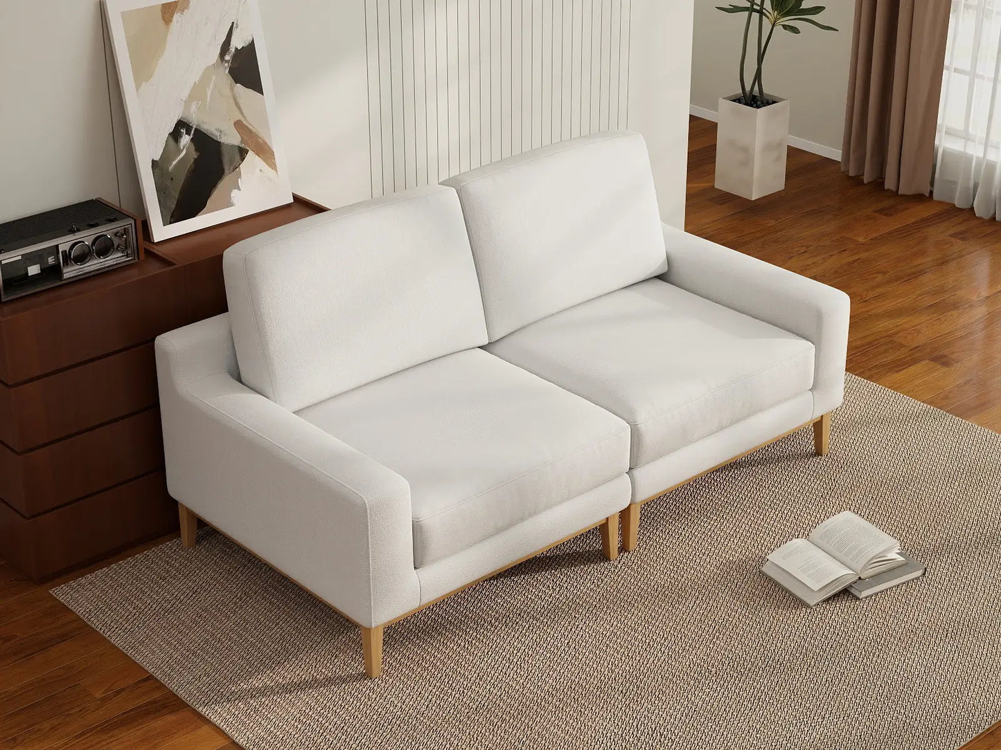 Deluxe Cloud 2-Seater White Small Space Loveseat | 2-Piece, Linen Look Poly Fabric, Easy To Clean